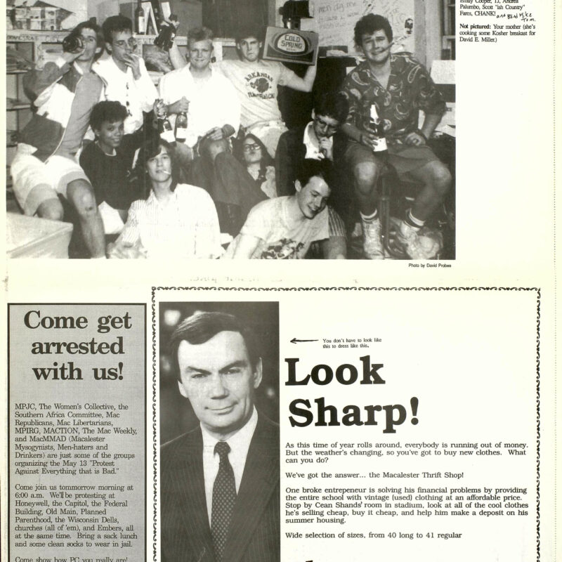Spring 1989 Mac Weekly staff photo, ad for Mac Thrift shop